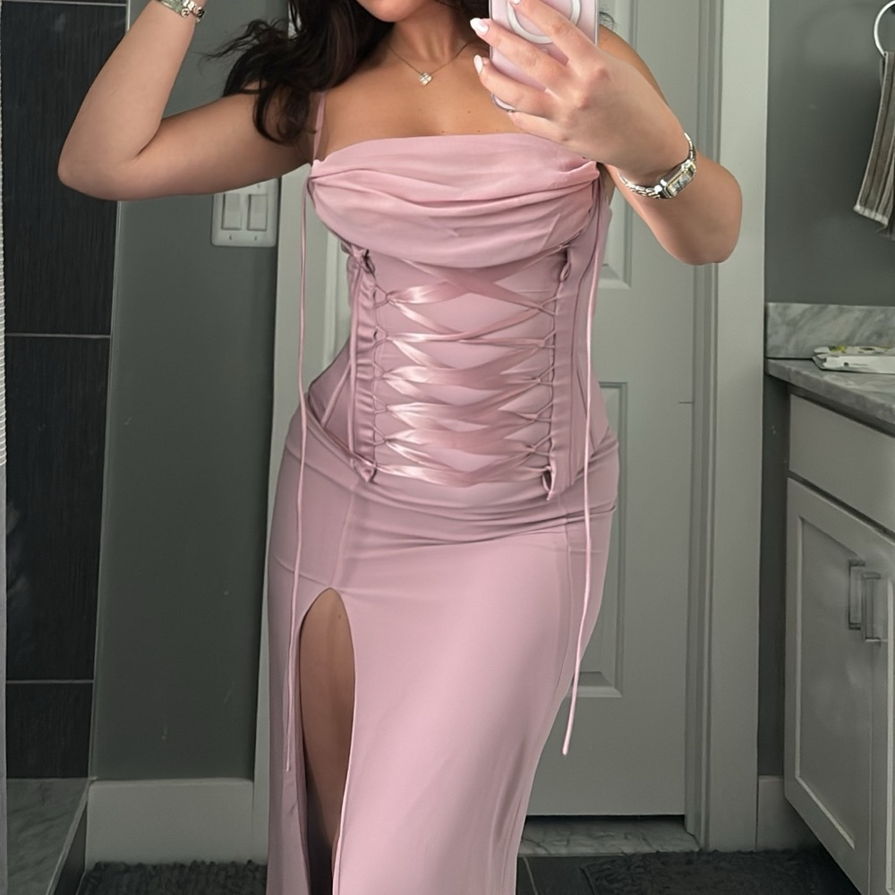 Oh Polly lace up corset maxi dress dusty pink